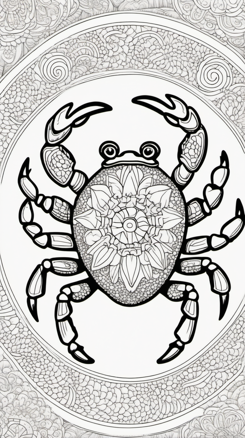 snowcrab, mandala background, coloring book page, clean line art