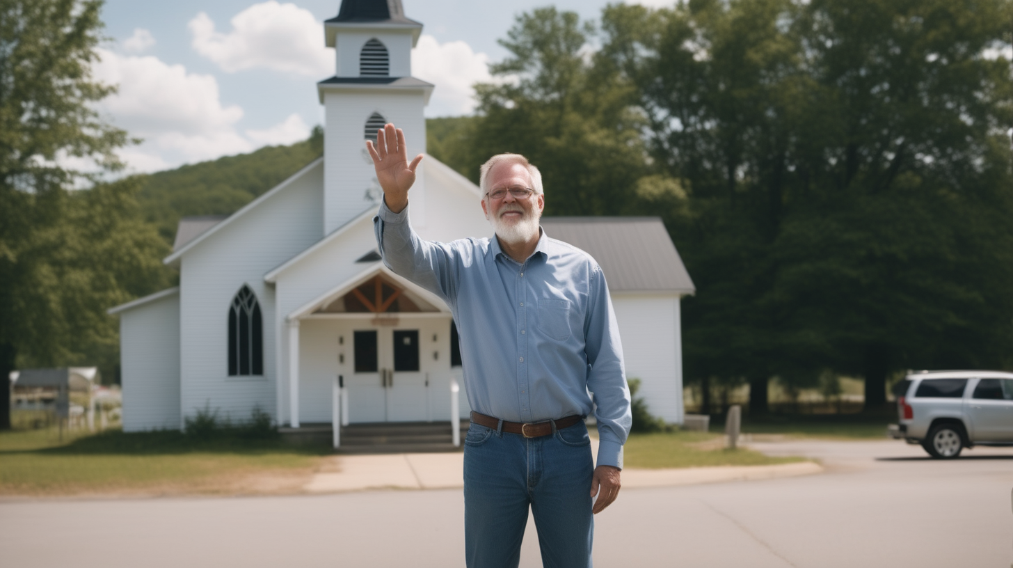 Rural country church.  Whate, man Pastor waving goodbye to people leaving. Front door. Exterior Day less cars in parking lot. pastor say goodbye to people
