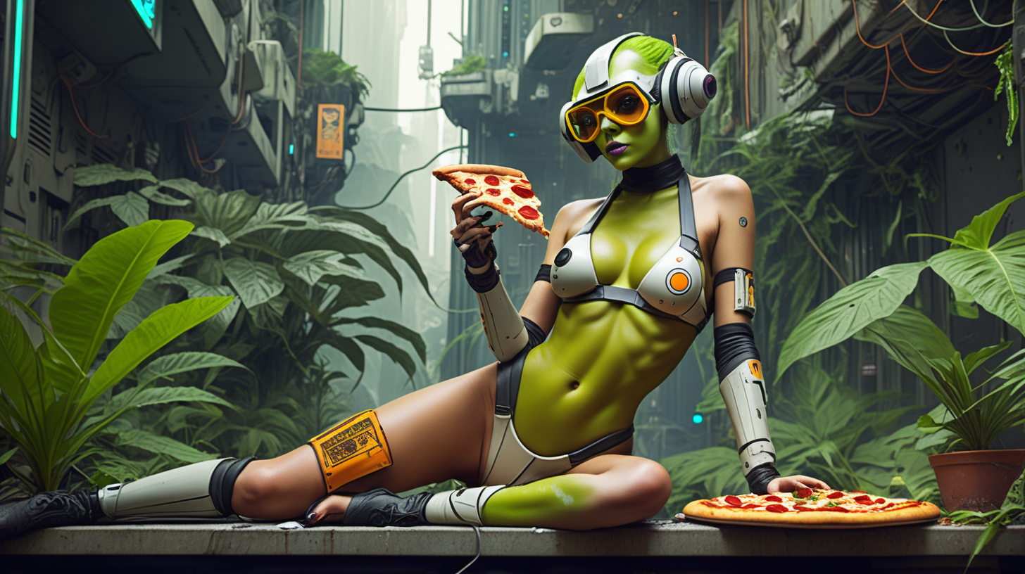 Hera Syndulla bikini eats pizza in cyberpunk jungle