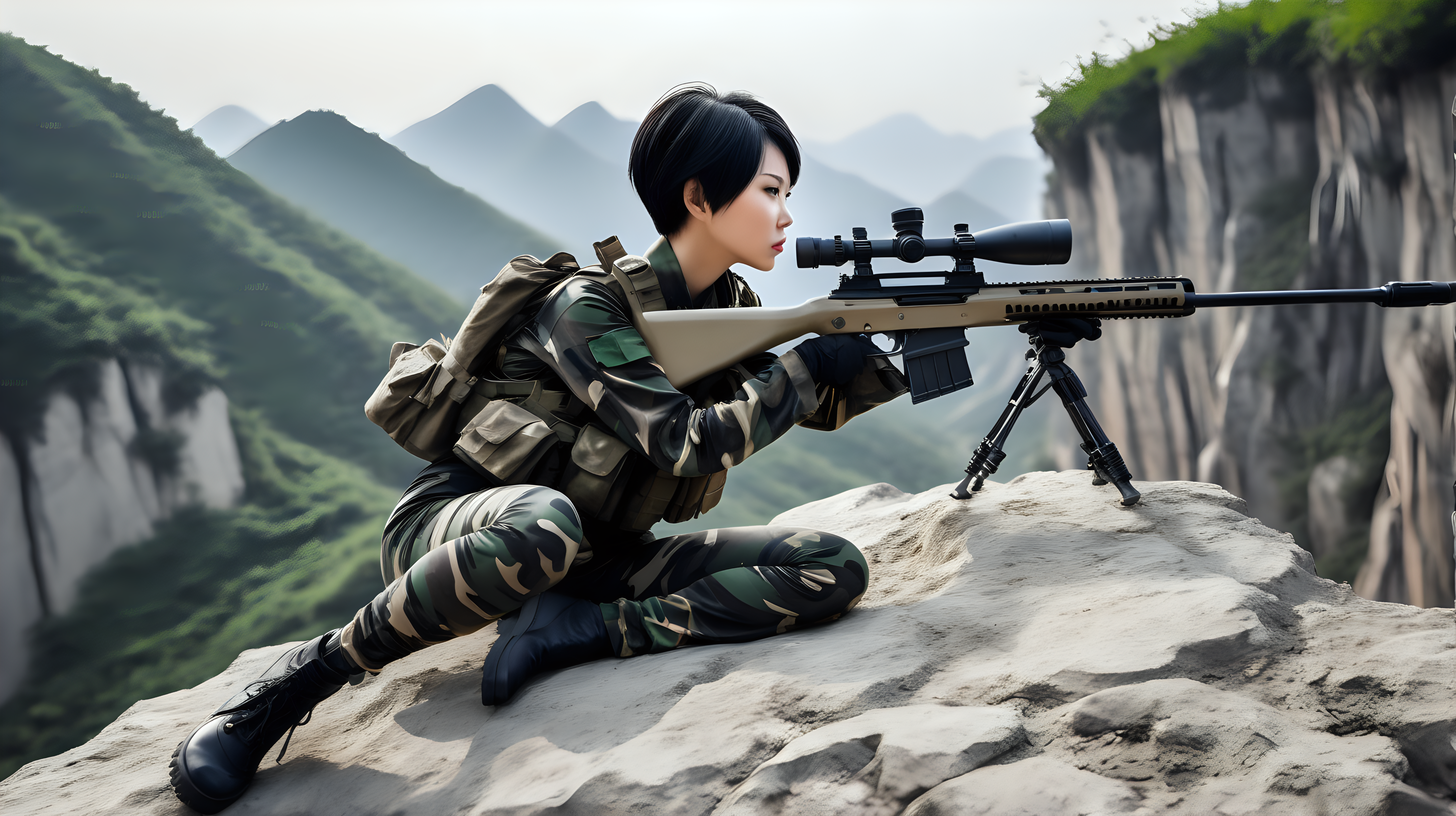 中国女兵
短发
黑发
迷彩紧身裤
趴在悬崖边上
用狙击枪瞄准
后侧视角