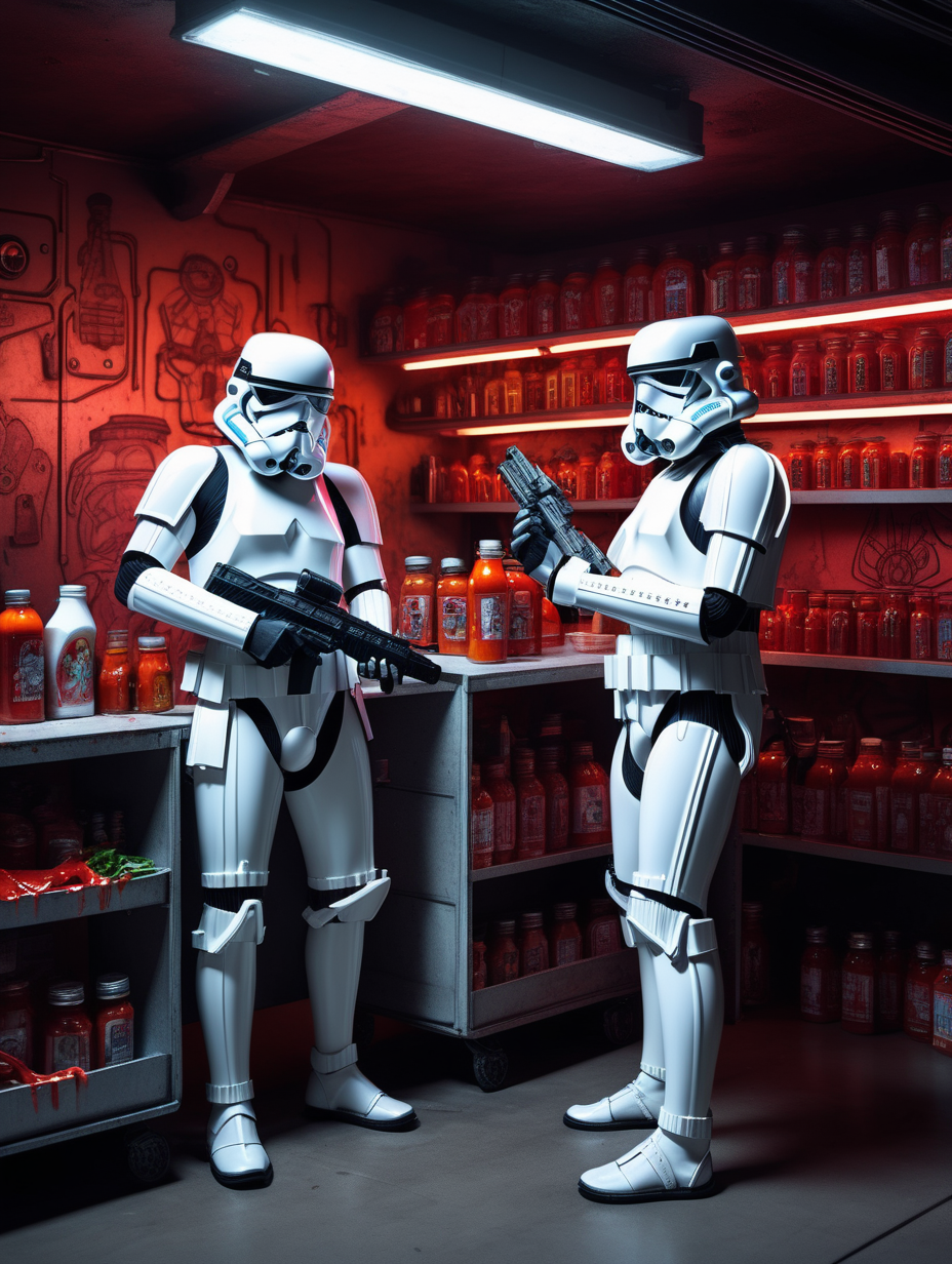 stormtroopers working in a cyberpunk hot sauce garage
