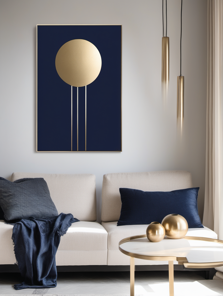 Commercial Photography, A bright and minimalist home interior bathed in natural light, where the painting "Starlight" (50cm in width and 70cm in length) hangs with proportional grace. The artwork's navy, cream, and gold hues resonate with a modern and minimalistic ambiance, creating a radiant space that's both contemporary and inviting.