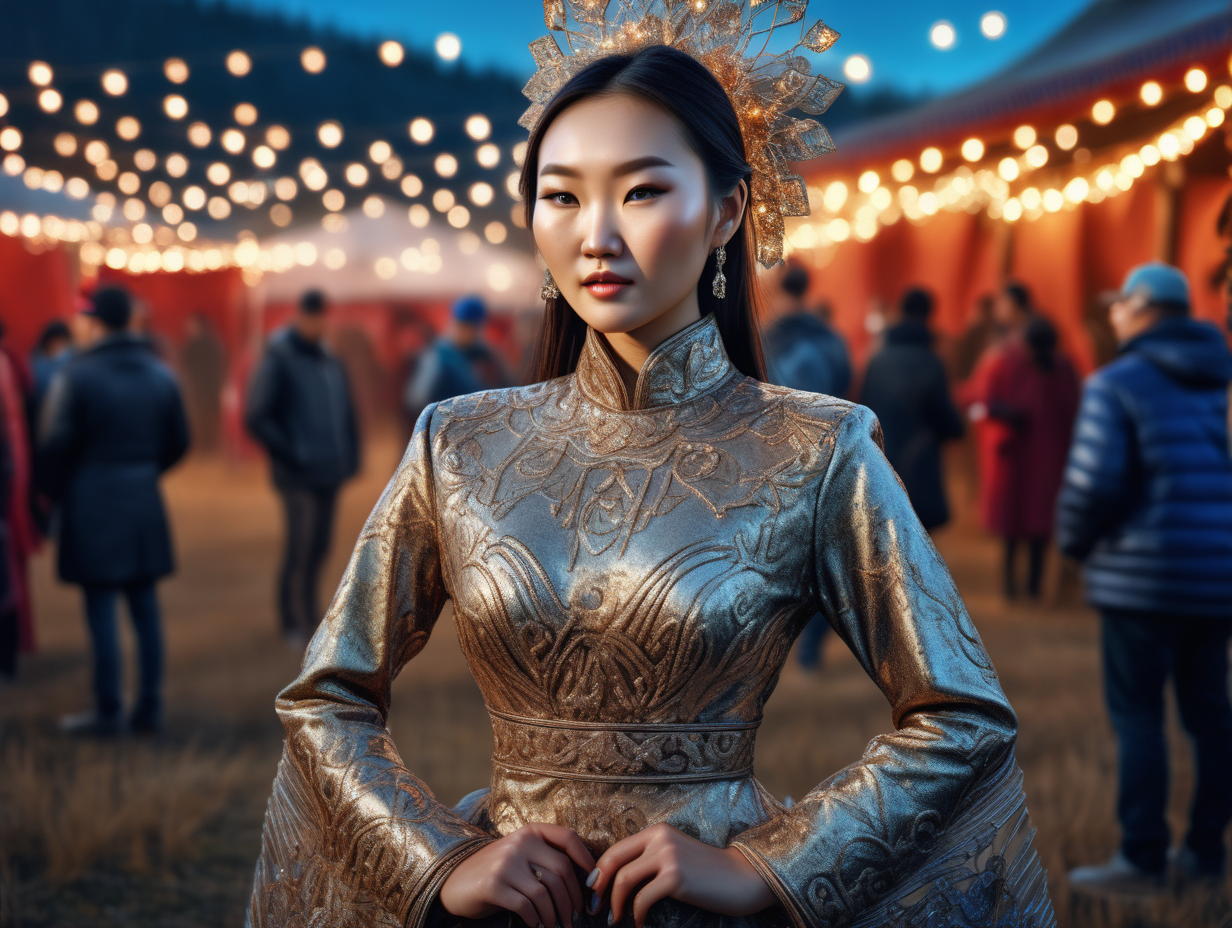 ultra realistic high texture realistic photo of A gorgeous mongolian woman wearing a detailed haute couture dress with lights, atumn, at an outdoor nature party
