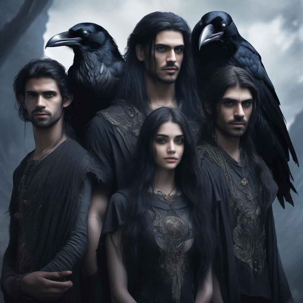 five raven-haired brothers with one sister, standing together ominously, powerful mythical beings, magic, fantasy world, beautiful, ethereal, photo realistic, 
