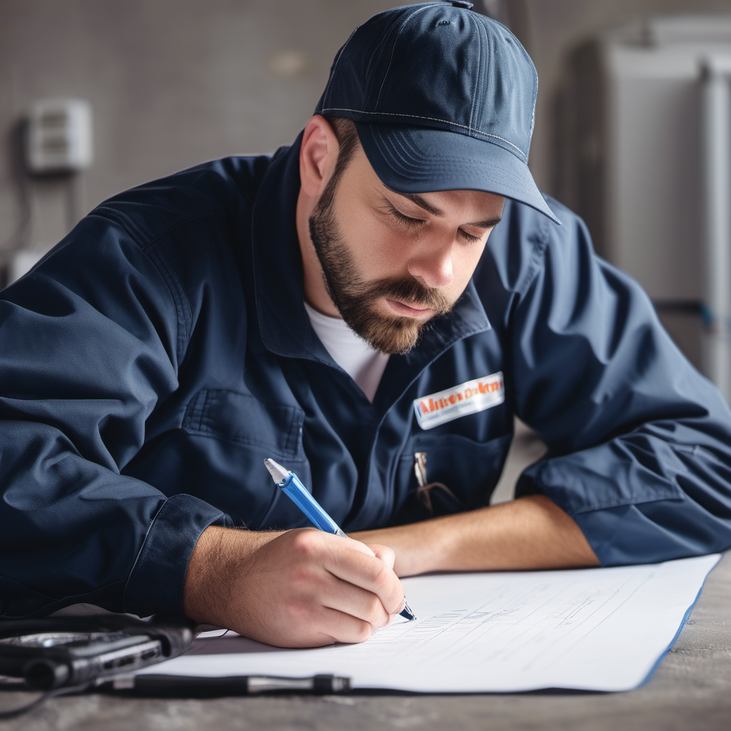 Tired HVAC technician writing a free quote