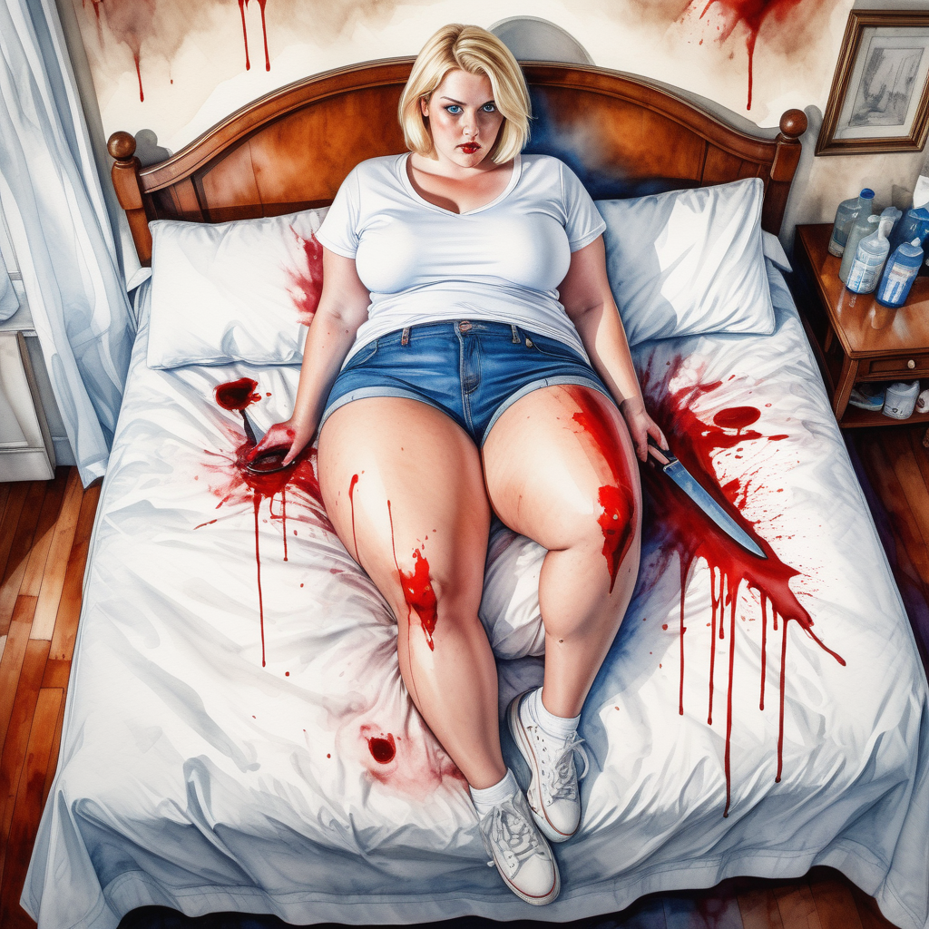 sexy point of vew image from top to bottom by a curvy plus size blonde woman, blue eyes, short hair, wide hips, thick legs,wearing denim shorts and a white tennis shirt with a knife in her hand mounted on a pillow in the room of a house stained with blood, image based in watercolor paint art.
