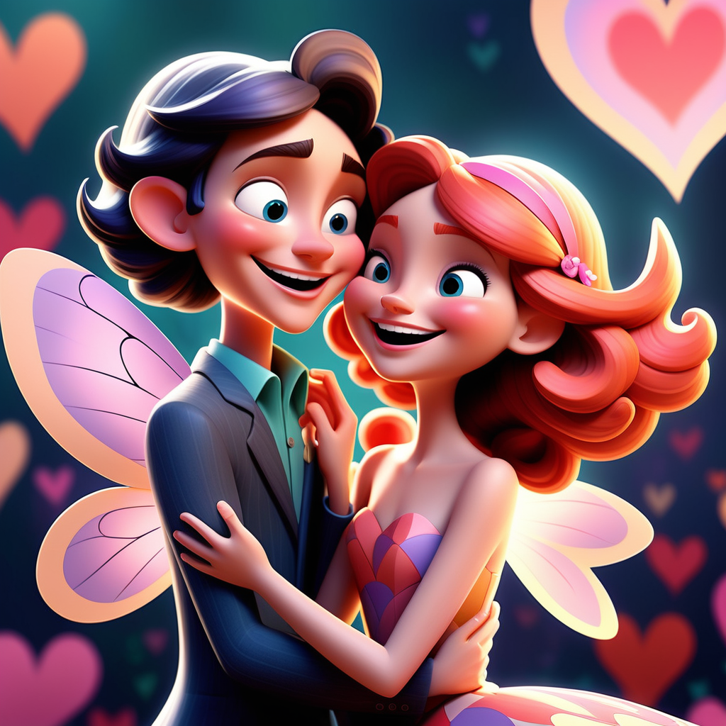 /envision prompt: Whimsical fairy valentines interpreted in the vibrant and playful style of a Pixar 3D animation, channeling the spirit of artist Mary Blair. The fairies, with whimsically exaggerated features, dance atop heart-shaped clouds against a kaleidoscopic sky. The color palette bursts with bold, contrasting tones like Blair's iconic use of color. Expressions on the fairies range from exuberant laughter to gentle affection, capturing the joy of love in a fantastical world. The lighting mimics a cheerful, sunlit day, enhancing the sense of whimsy and delight. The overall atmosphere radiates happiness and fantastical celebration.--v 5 --stylize 1000