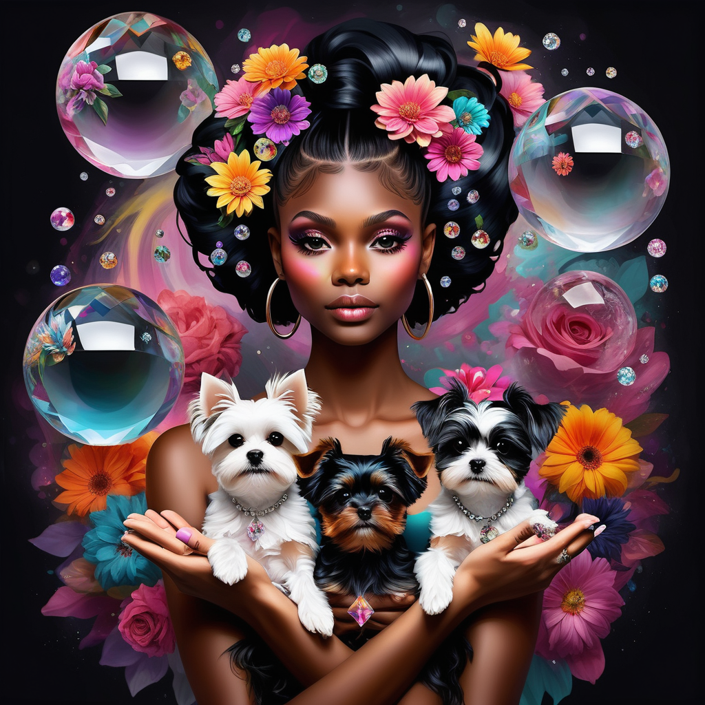 abstract exotic floating crystal orbs , model 
holding YORKIE TERRIER and Maltese dogs, 1 DARK BLACK girl  , Model with soft colorful flowers the colors leak into her hair. add 10 crystal balls floating in the air add tattoos on her arms and shoulder