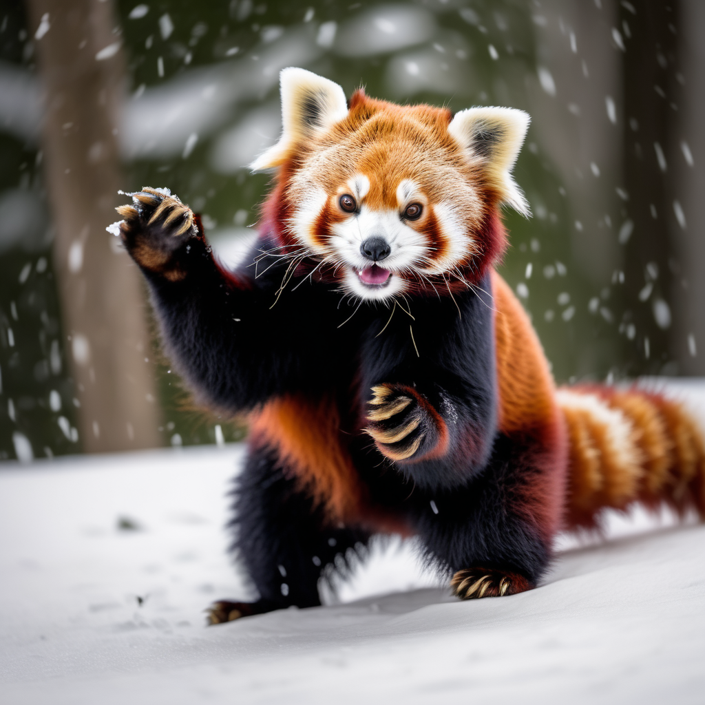 A Red Panda playing in the snow