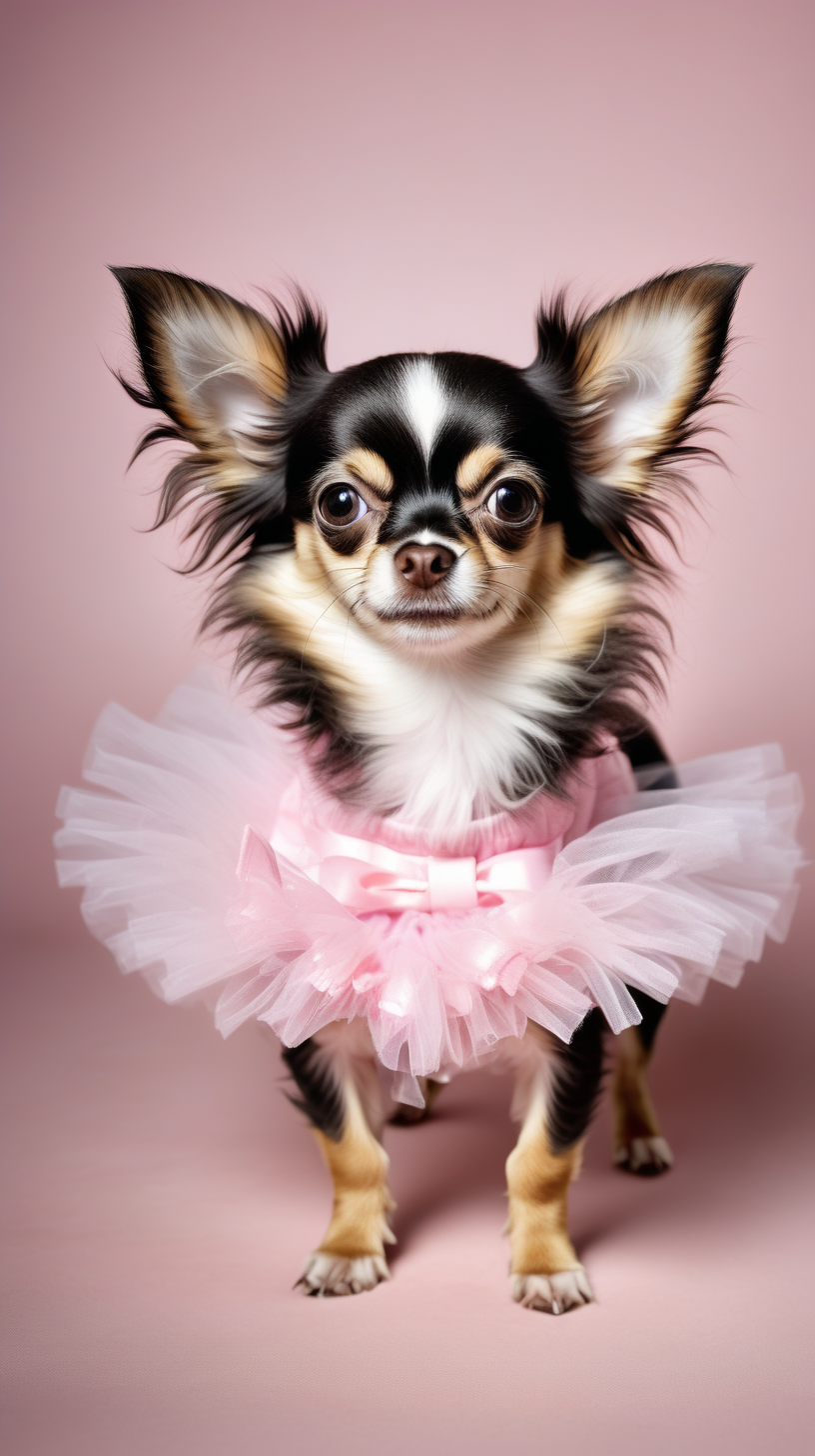 a high quality color portrait of a long haired chihuahua puppy dressed in a cute tutu happily playing