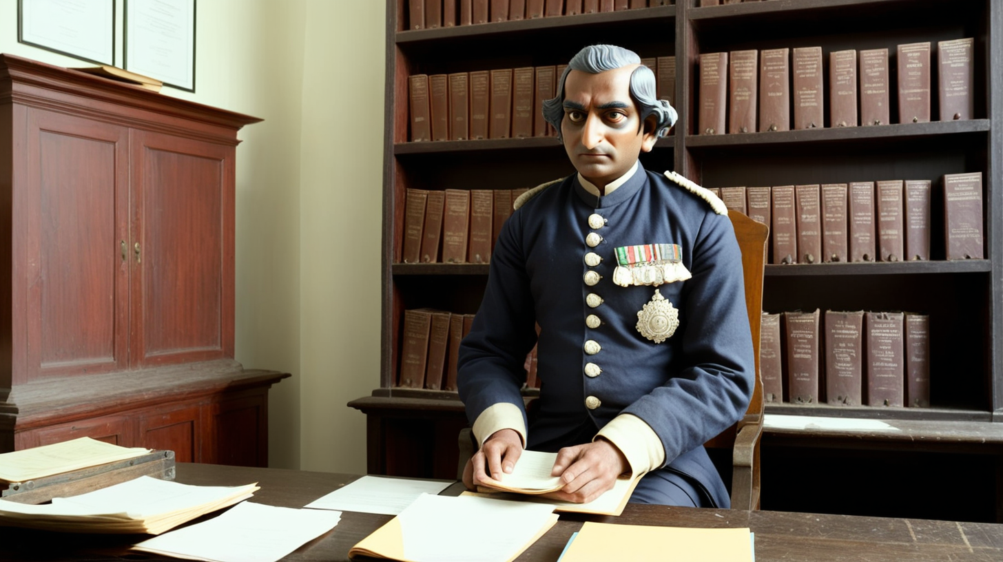 A British officer of east india company is Charles is sitting on a wooden chair in In the office of the revenue department, there are several revered texts that are preserved on the shelves.On the table, there is a typewriter, several journals, files, and various official documents. These include the Vedas, Puranas, ancient antique inscriptions, and various other venerable texts,  A gulley indian indentured servant enters the office carrying a set of documents and places them on his desk 1781.  Wide angle, High angle, Close up,  