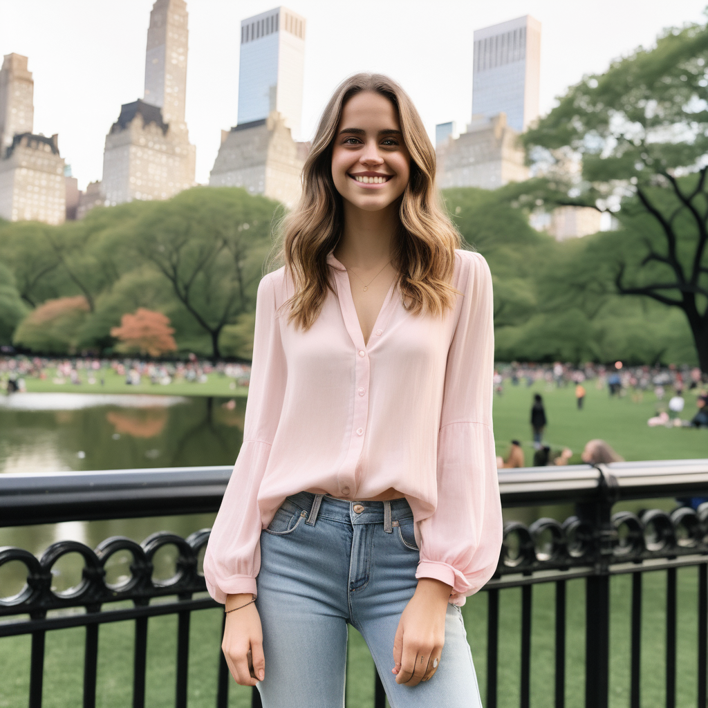 A smiling Emily Feld dressed in a long, light pink blouse and jeans standing in Central Park New York