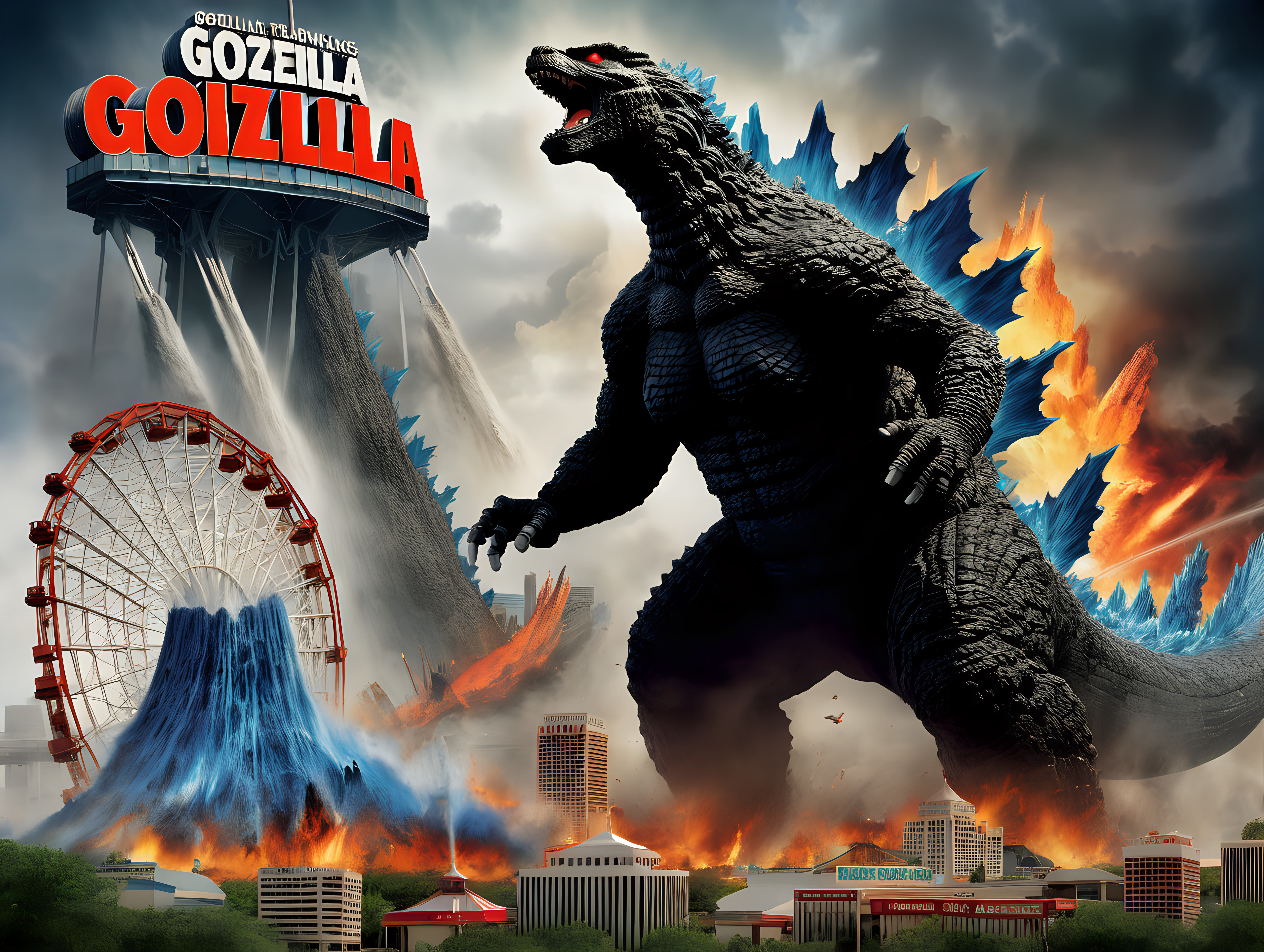 Movie poster of Godzilla destroying six flags over Texas