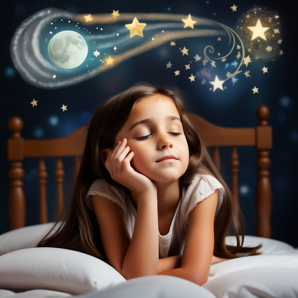 7 year old brunette girl dreaming about magic