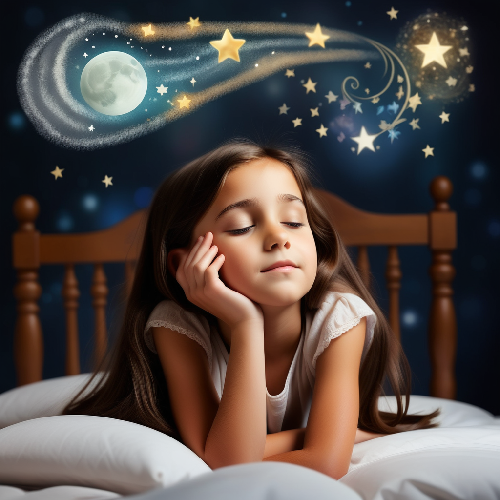 7 year old brunette girl dreaming about magic 



