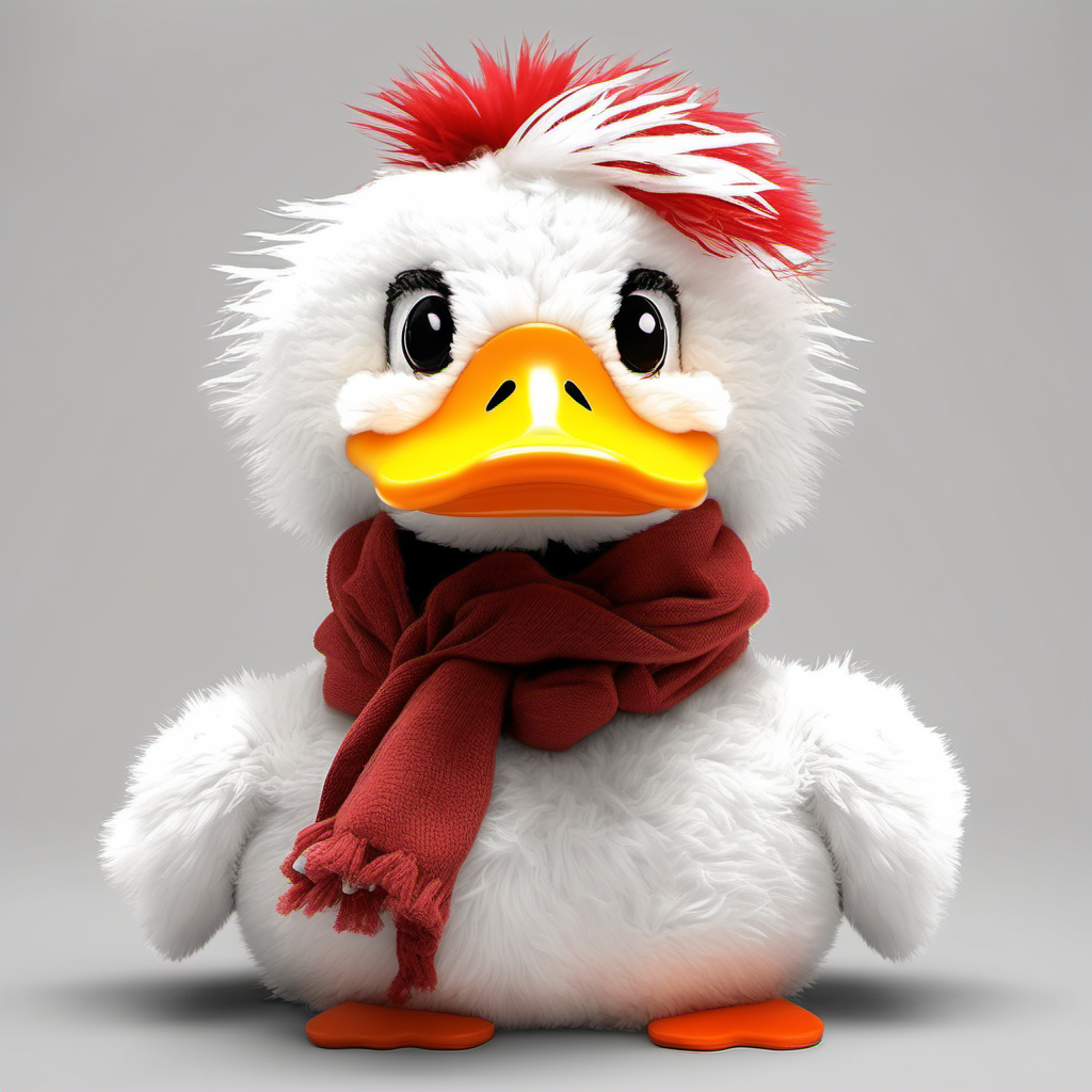 SOFT PLUSH TOY , BIG UGLY DUCK HEAD, CUTE , FRIENDLY , SHAGGY HAIR ,  RED AND WHITE SCARF AROUND THE NECK