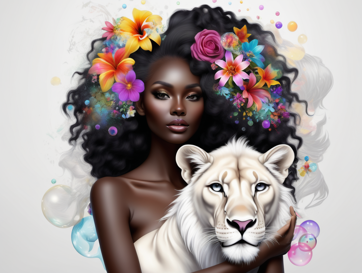 abstract exotic black Model with soft colorful flowers that blend into her hair. 
add She is holding a toy top
she is looking at realistic white 
lion
Add bubbles floating in the air
add tattoos