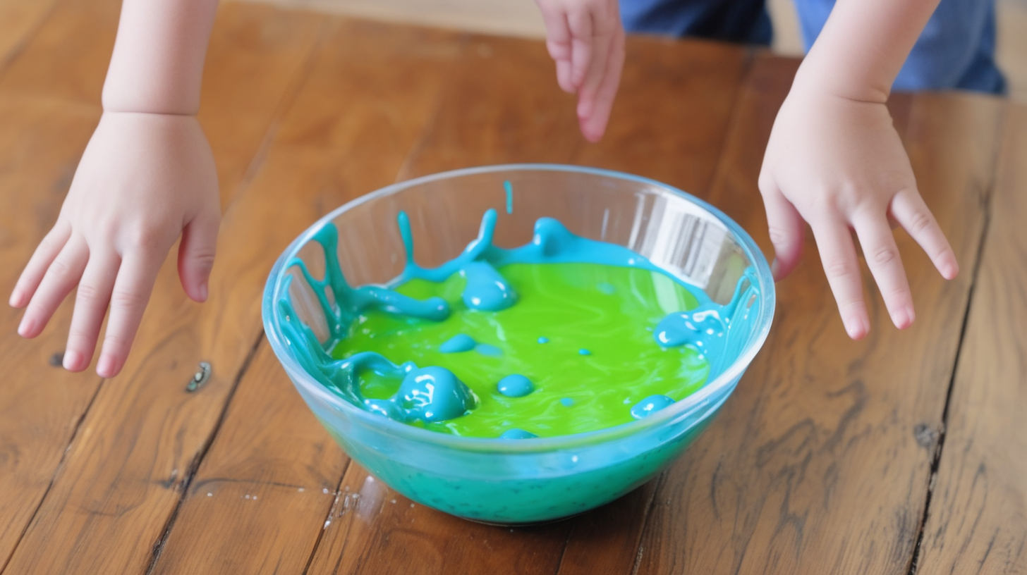 image hand dipping on the glass bowl with blue and green slime on wood floor