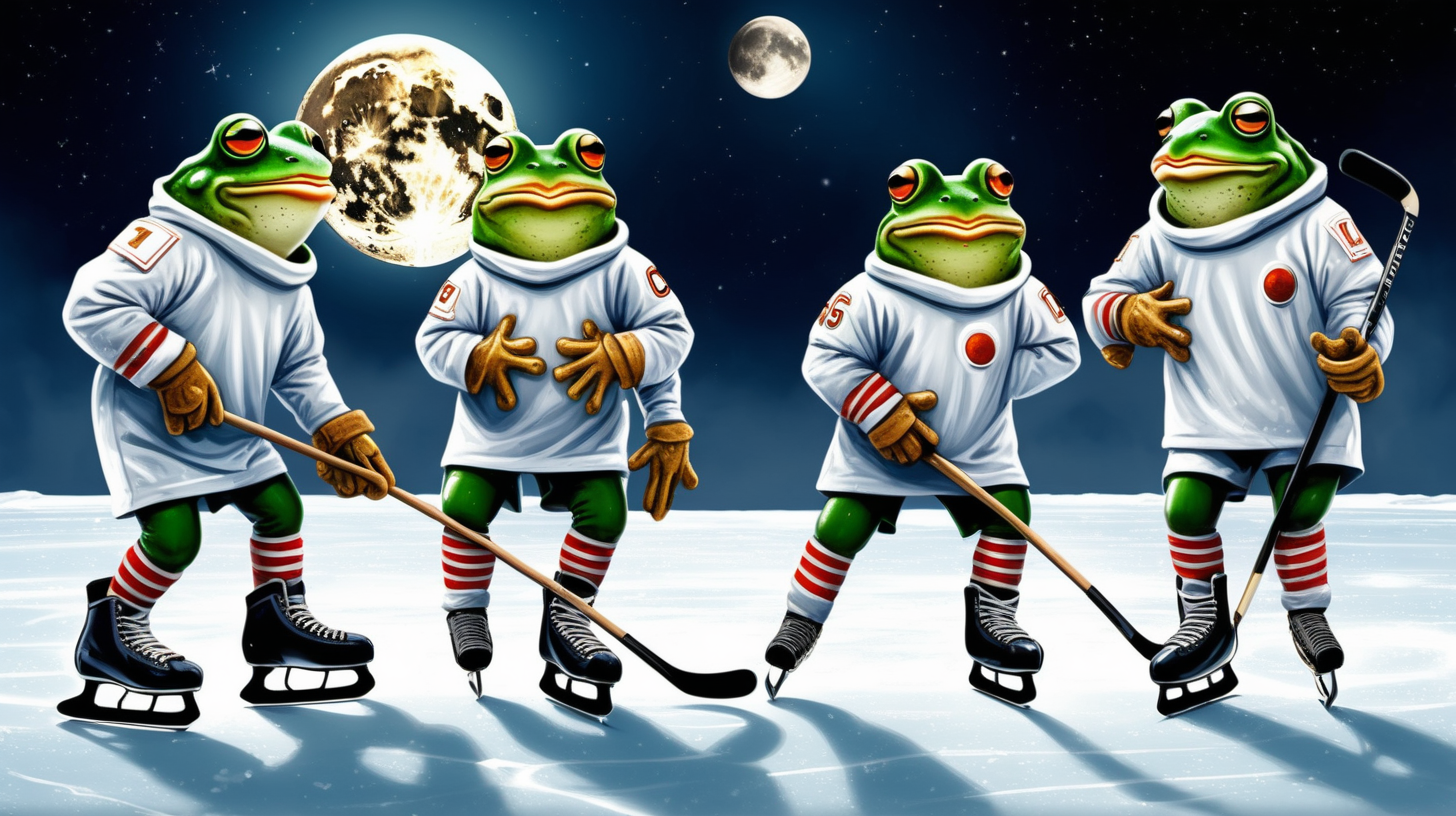 frogs in uniforms on ice skates playing hockey on the moon