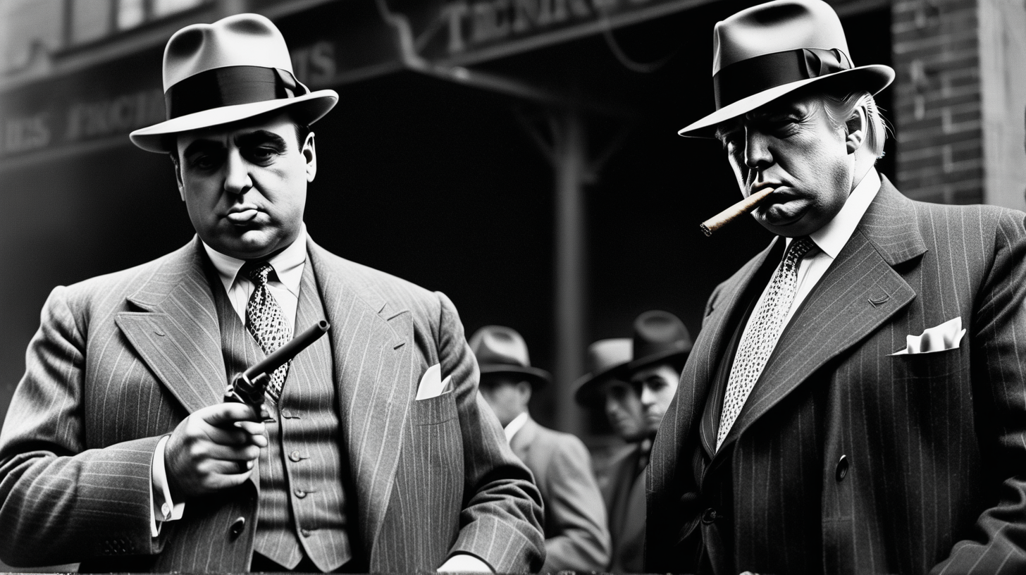Al Capone & Donald Trump smoking a cigar and holding a machine gun in Chicago stockyard