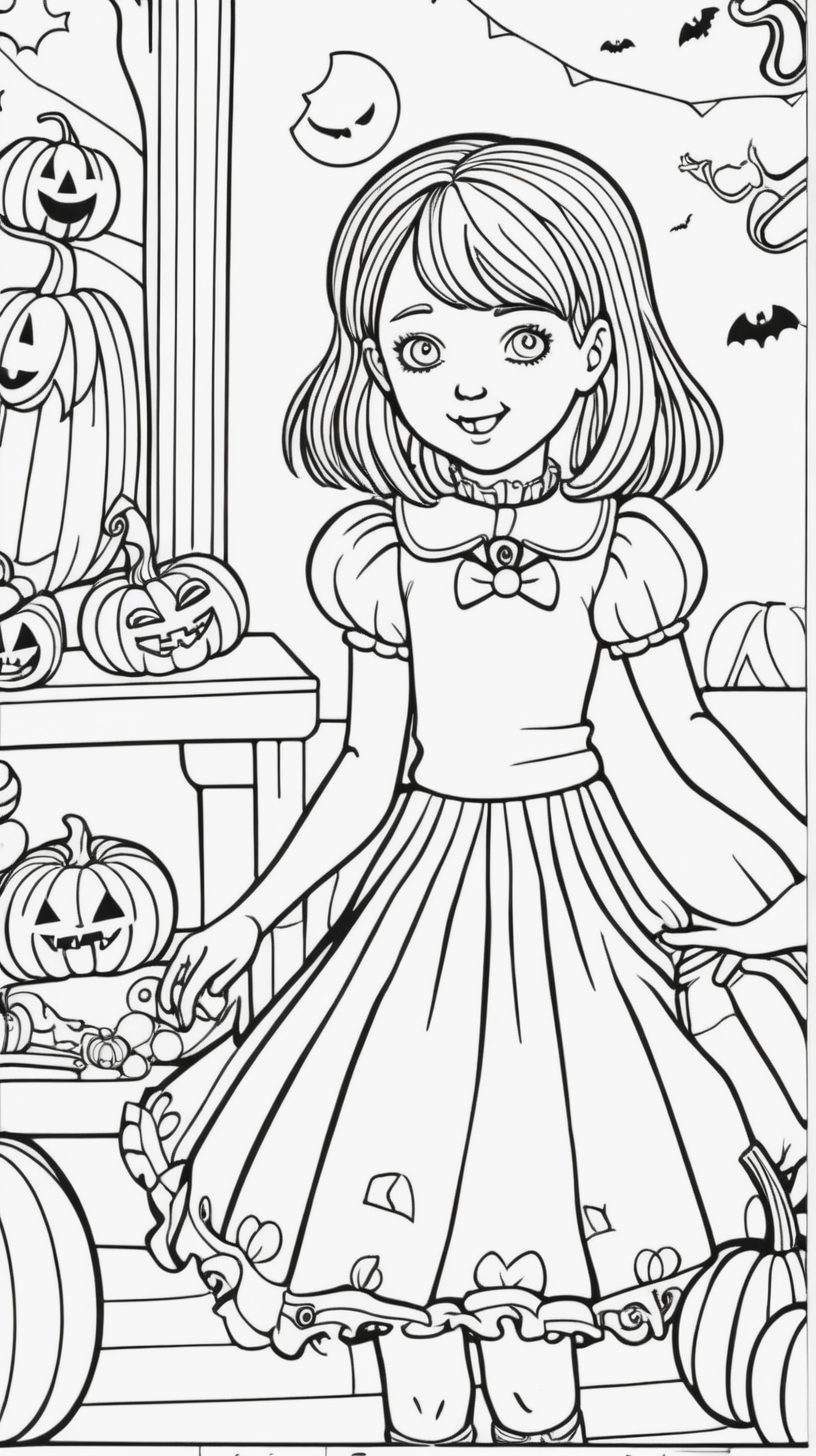 Cover of a children's coloring book: girl at a Halloween party, full color  title cut girl in Halloween party 