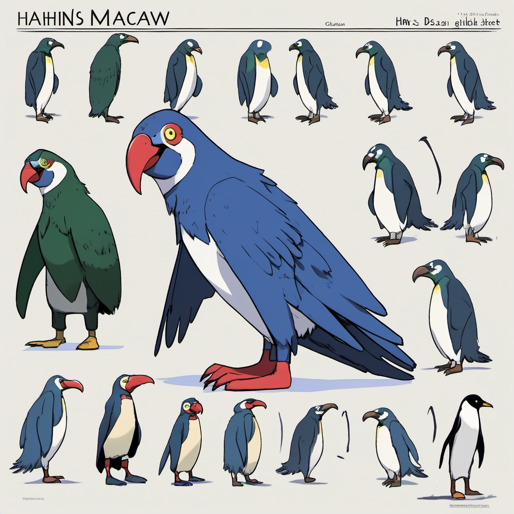 hahns macaw, penguin, ghibli style, character sheet, 