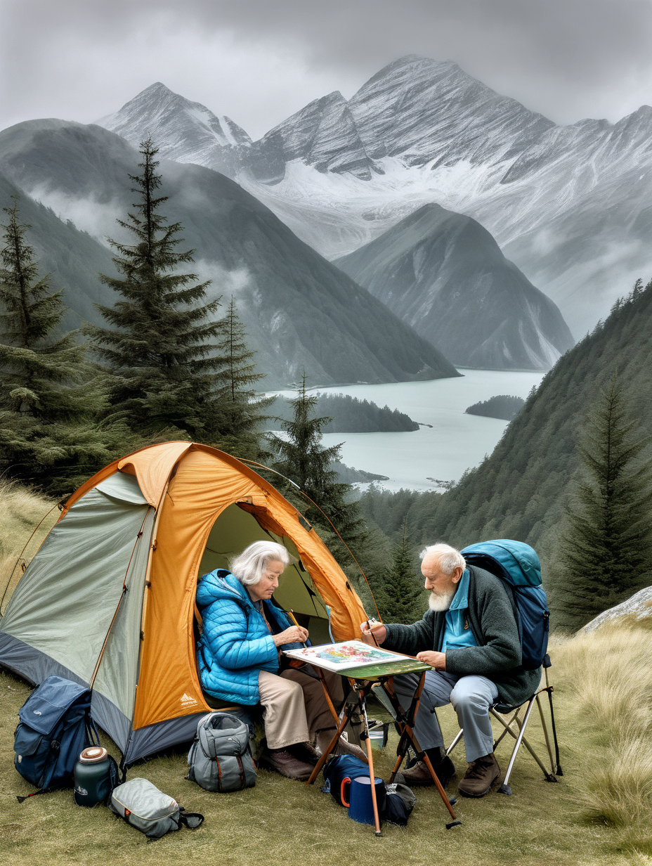 an elderly Caucasian husband and wife, doing an oil painting in an mountainous environment, overcast day, with campsite and tent in background, there is a backpack and traveller mug beside them