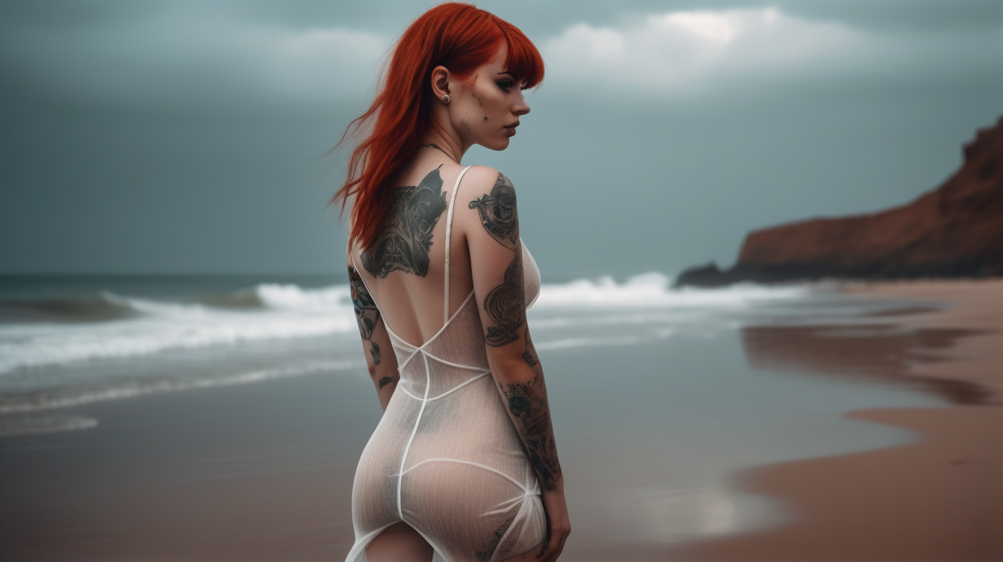 A photo of a cyberpunk beach. Only one girl is standing, She has her back to the camera and turns her head looking towards the camera. The girl is wearing a short Translucent alluring dress that reveals her body curves, what is made of a fabric which allows her skin to be seen through. redhead straight hair, she has a nose piercing and a wolf tattoo on her back. . She is looking back at the viewer with a sugestive look (almost inviting us to be there). The lighting in the portrait should be dramatic. Sharp focus. A perfect example of cinematic shot. Use muted colors to add to the scene.