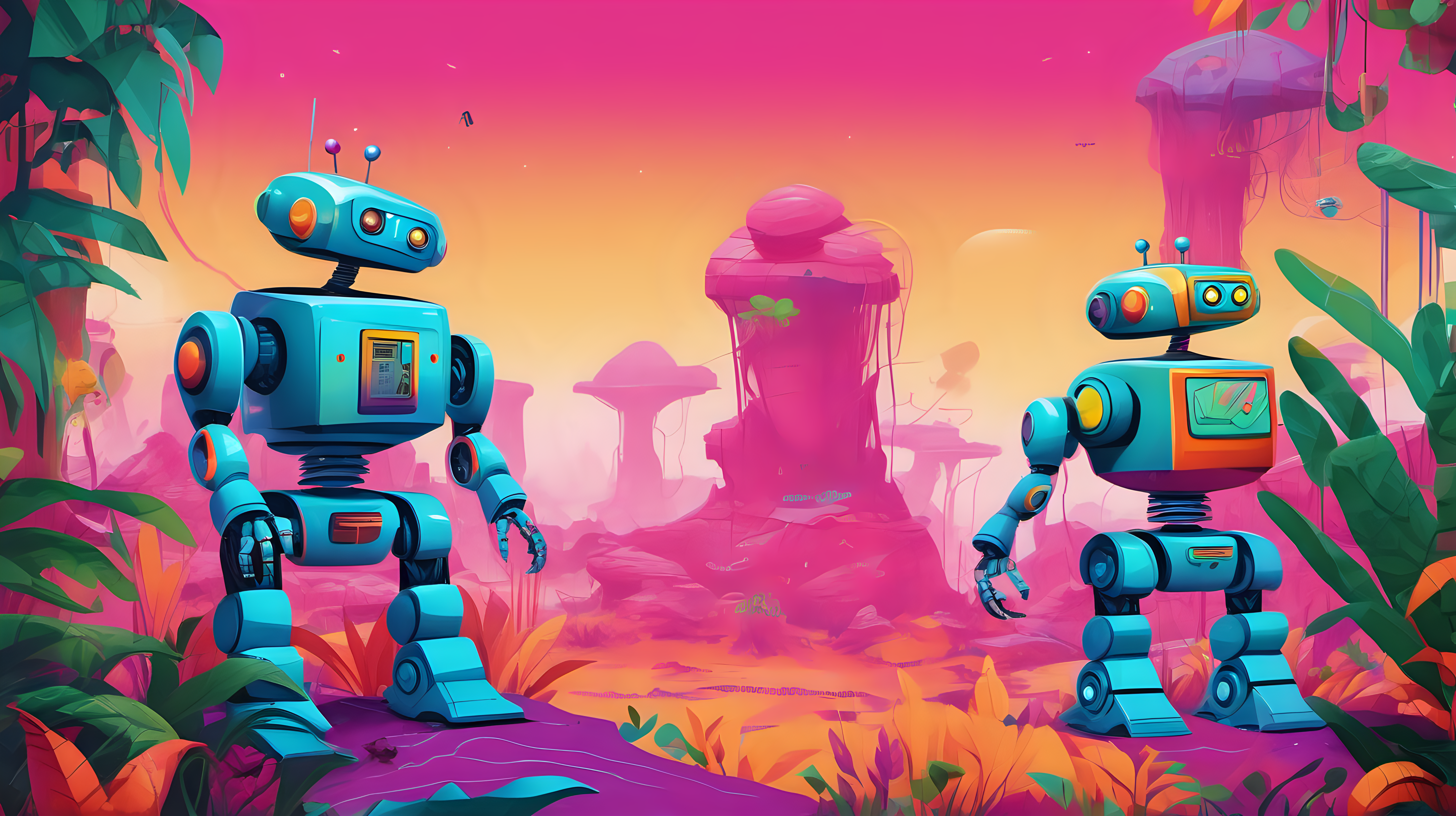 two robots exploring a new jungle land with vivid colors and a vast landscape