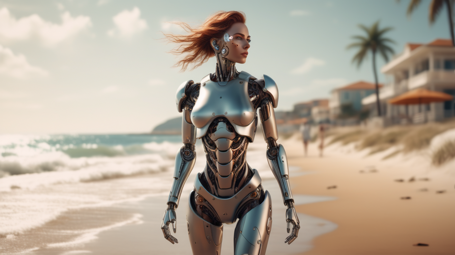 A woman cyborg in a delightful afternoon.
You can see the whole body, walking towards the camera, behind you can see the beach. Extremely realistic textures and warm colors give the final touch. Sharp focus and realistic shadows add to the scene. A perfect example of cinematic shot. Use muted colors to add to the scene