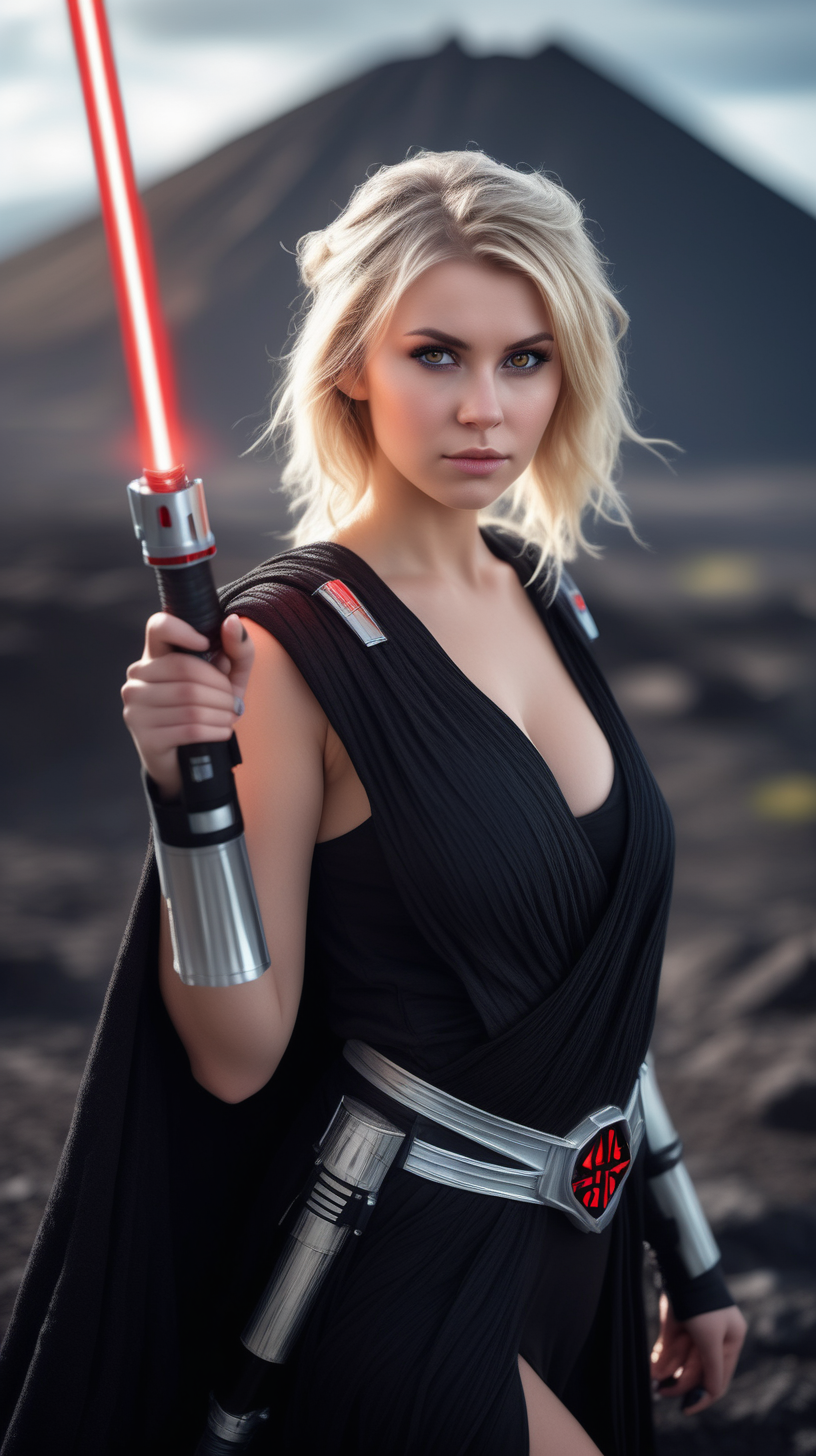 Beautiful Nordic woman, very attractive face,  detailed eyes, big breasts, dark eye shadow, messy blonde hair, wearing a sith lord cosplay outfit, holding a lightsaber, bokeh background, soft light on face, rim lighting, facing away from camera, looking back over her shoulder, standing on a volcano planet, photorealistic, very high detail, extra wide photo, full body photo, aerial photo