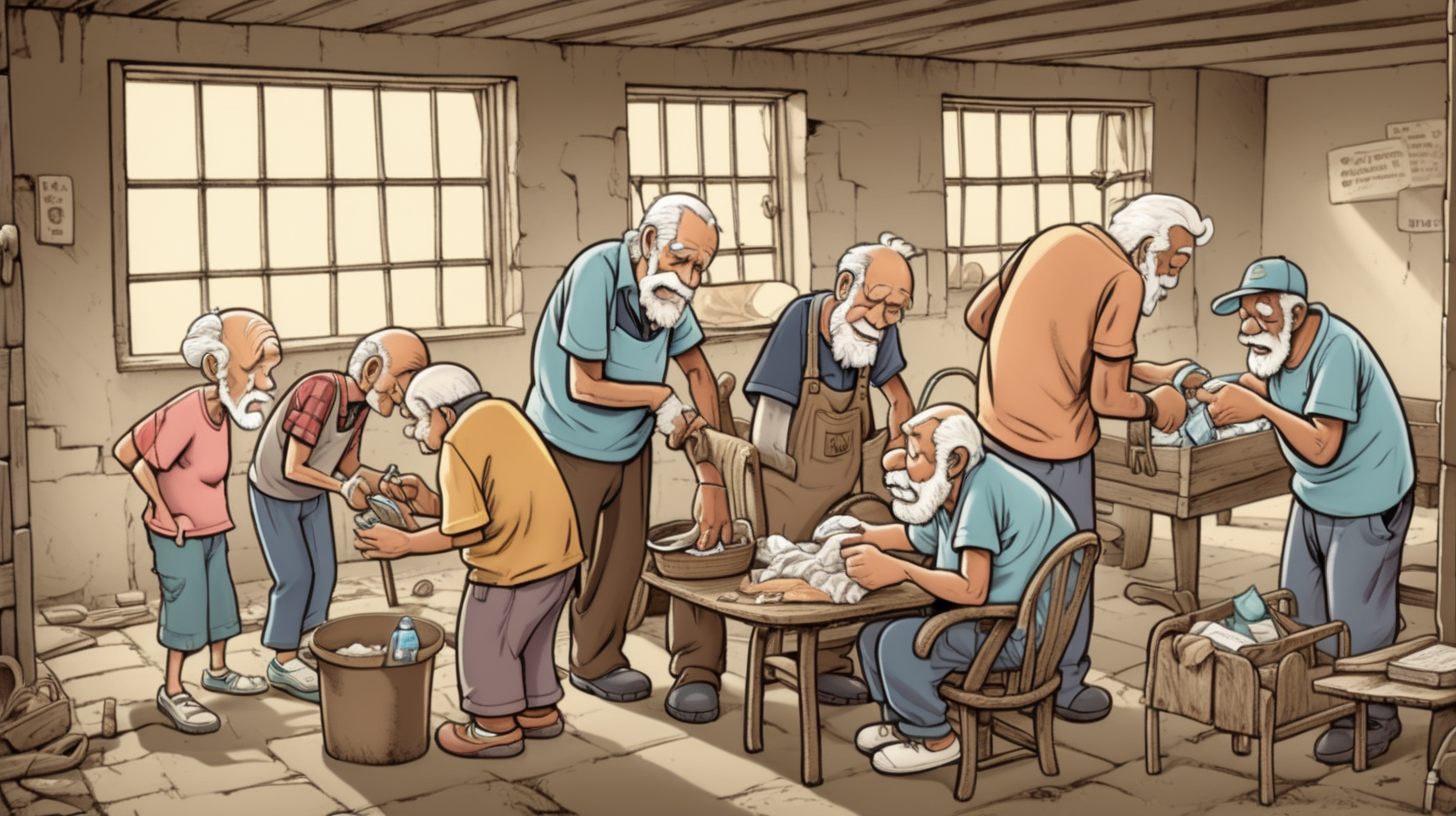 lot of cartoon poor people helping each other with and taking care of each other in an old shelter home.
