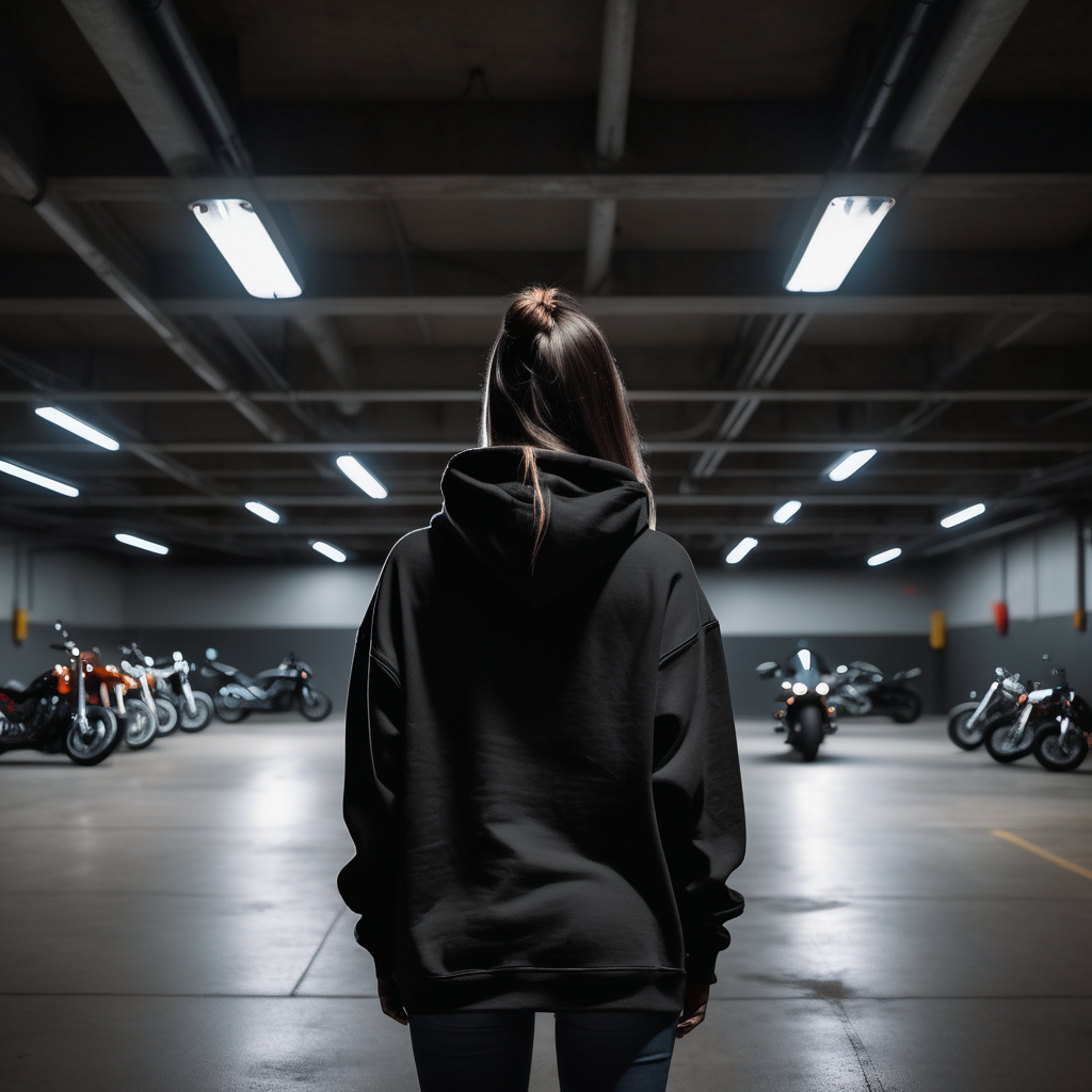 girl with an oversized black PLAIN hoodie facing away in a dark parking garage with a couple motorcycles and hes standing 1 feet away