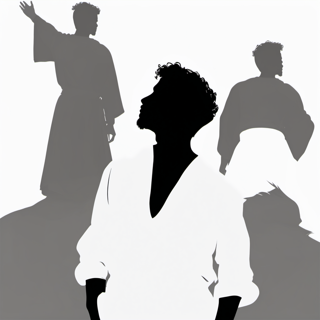 closeup silhouette young man biblical dress looking up from behind with white background