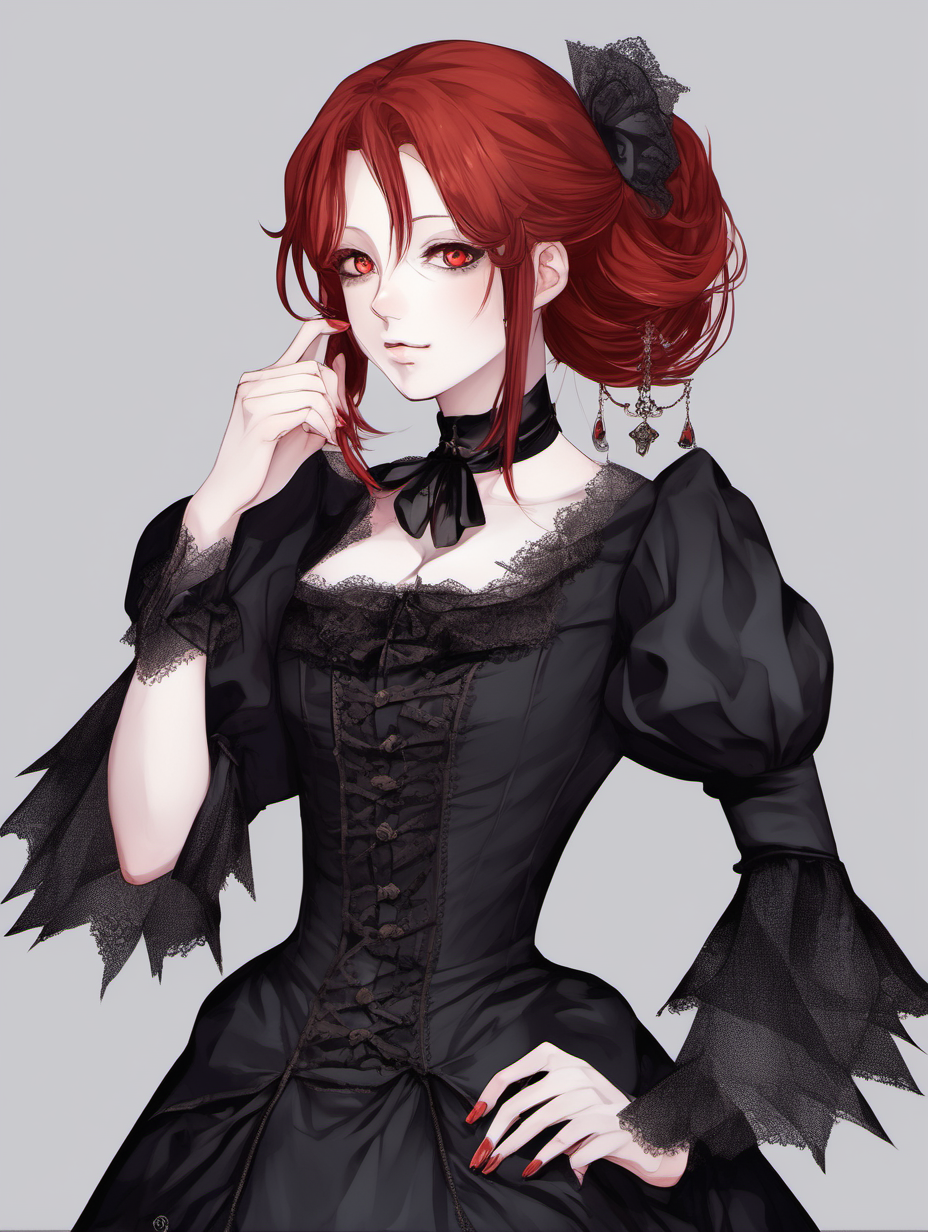 anime girl, dark makeup, 1600s, red hair, gothic