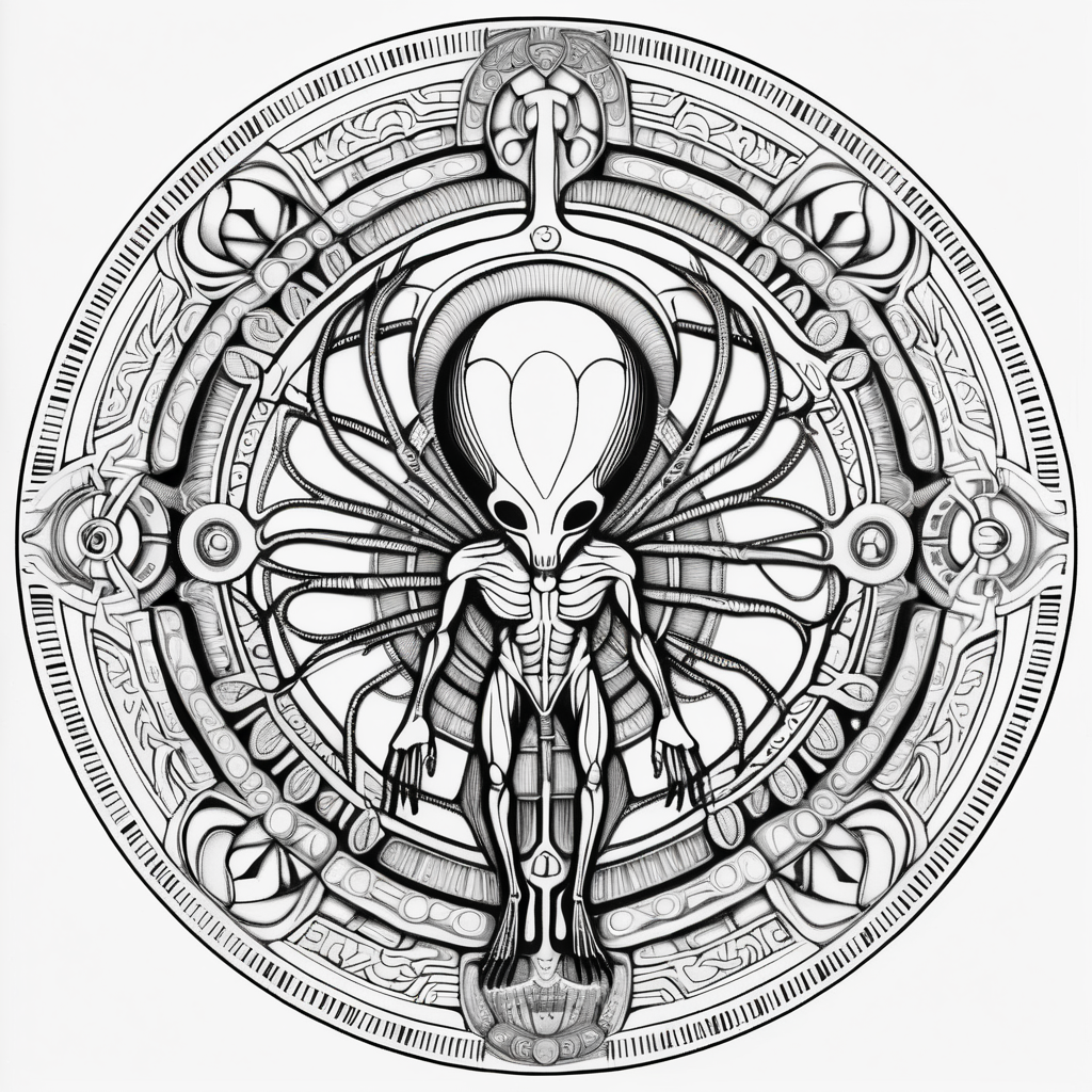 black & white, coloring page, high details, symmetrical mandala, strong lines, alien Vitruvian man in style of H.R Giger
