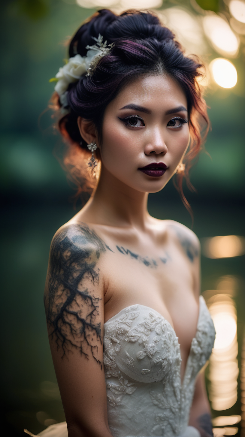 Beautiful Vietnamese woman, body tattoos, dark eye shadow, dark lipstick, hair in a messy updo, wearing a gorgeous wedding dress, bokeh background, soft light on face, floating on her back in a lake in front of elaborate candlelit forest wedding, photorealistic, very high detail, aerial view photo