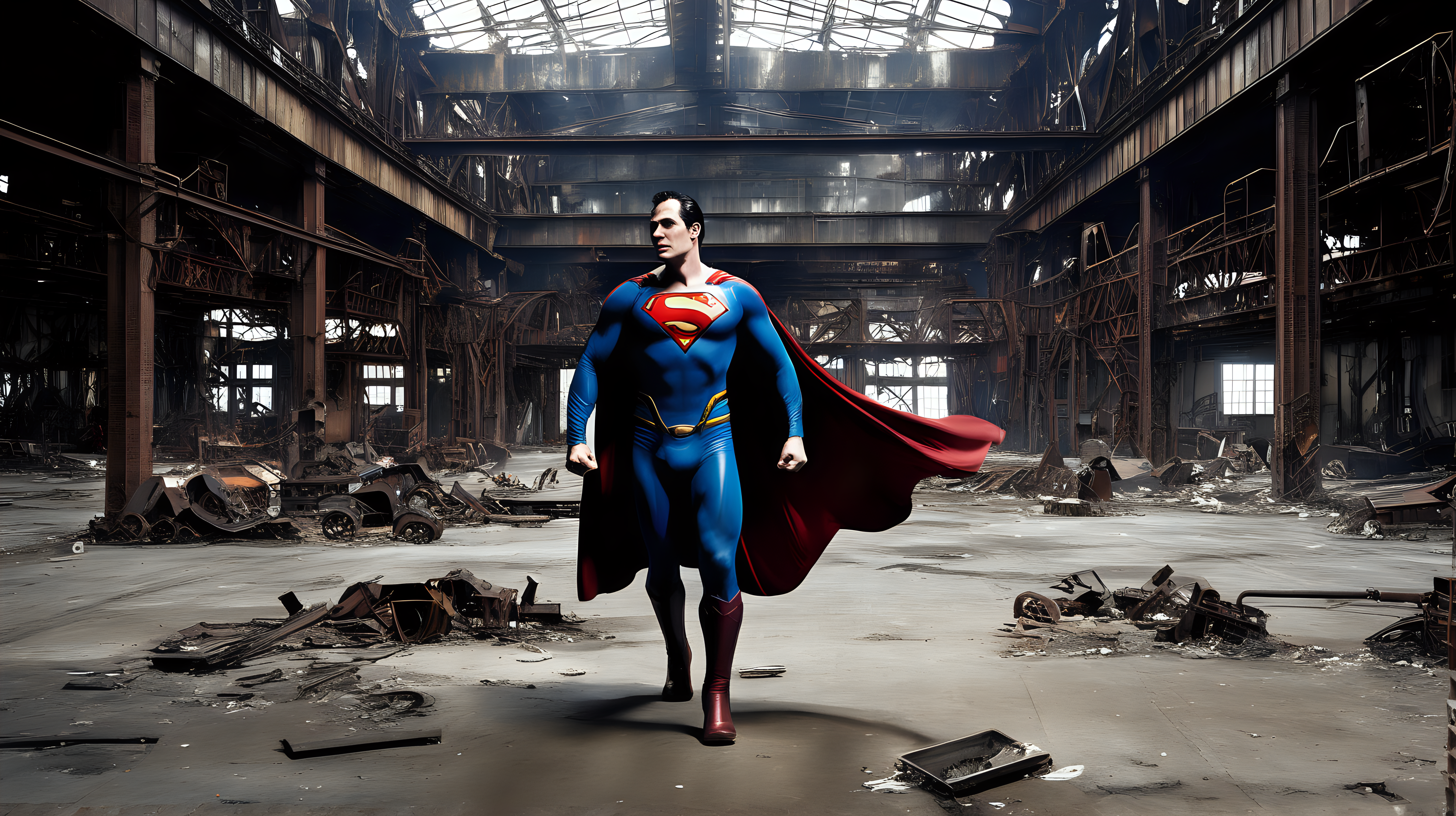 Superman fights Loki in an abandon metal factory