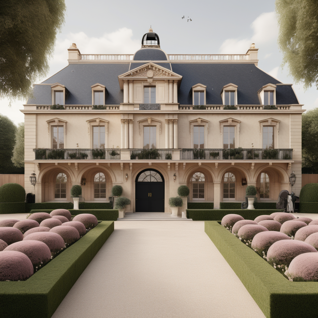 A hyperrealistic image of a palatial modern Parisian horse stables building viewed from the outside in a beige oak brass colour palette with accents of black and dusty rose, with an adjoined veranda covered in star jasmine, and beautiful garden beds and sprawling lawns around it
