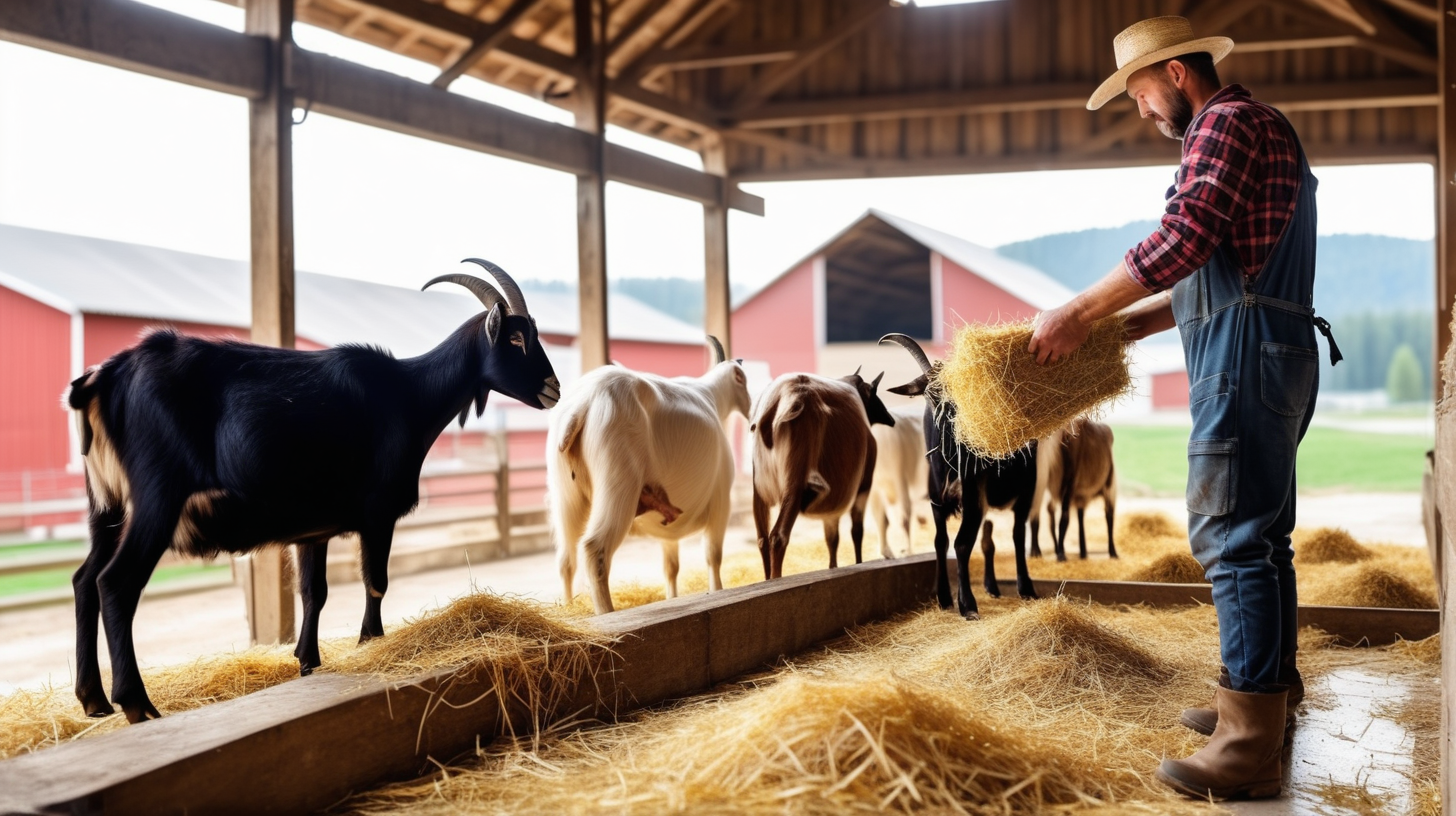 farmer feeding hay for goat in stable, farm barn, isolated on background