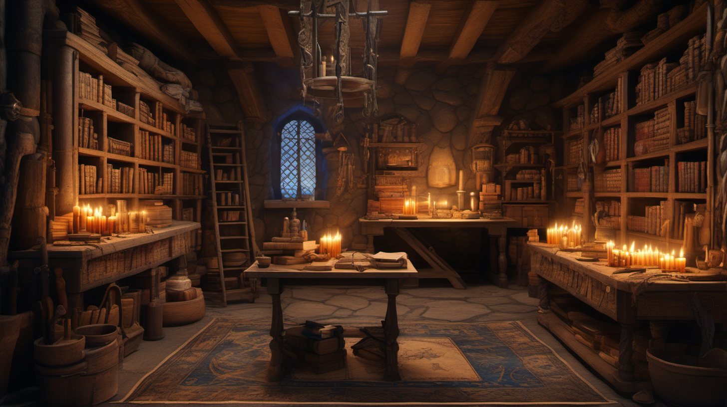 The image depicts a warm and inviting room in medieval style, with many intricate details. In the center, there is a wooden table crowded with various items such as maps, tools, glowing blue crystals, and a metallic mask. The room is illuminated by carefully placed candles on the table and shelves. There are wooden shelves containing books bound in leather covers, a collection of scrolls, and folded maps. Long metal tools are mounted on the wall near the table. In the background, a wooden ladder can be seen, suggesting it leads to another floor or upper shelf. The floor is covered with a patterned circular carpet. The warm lighting gives the room an atmosphere of secrecy and mystery.
