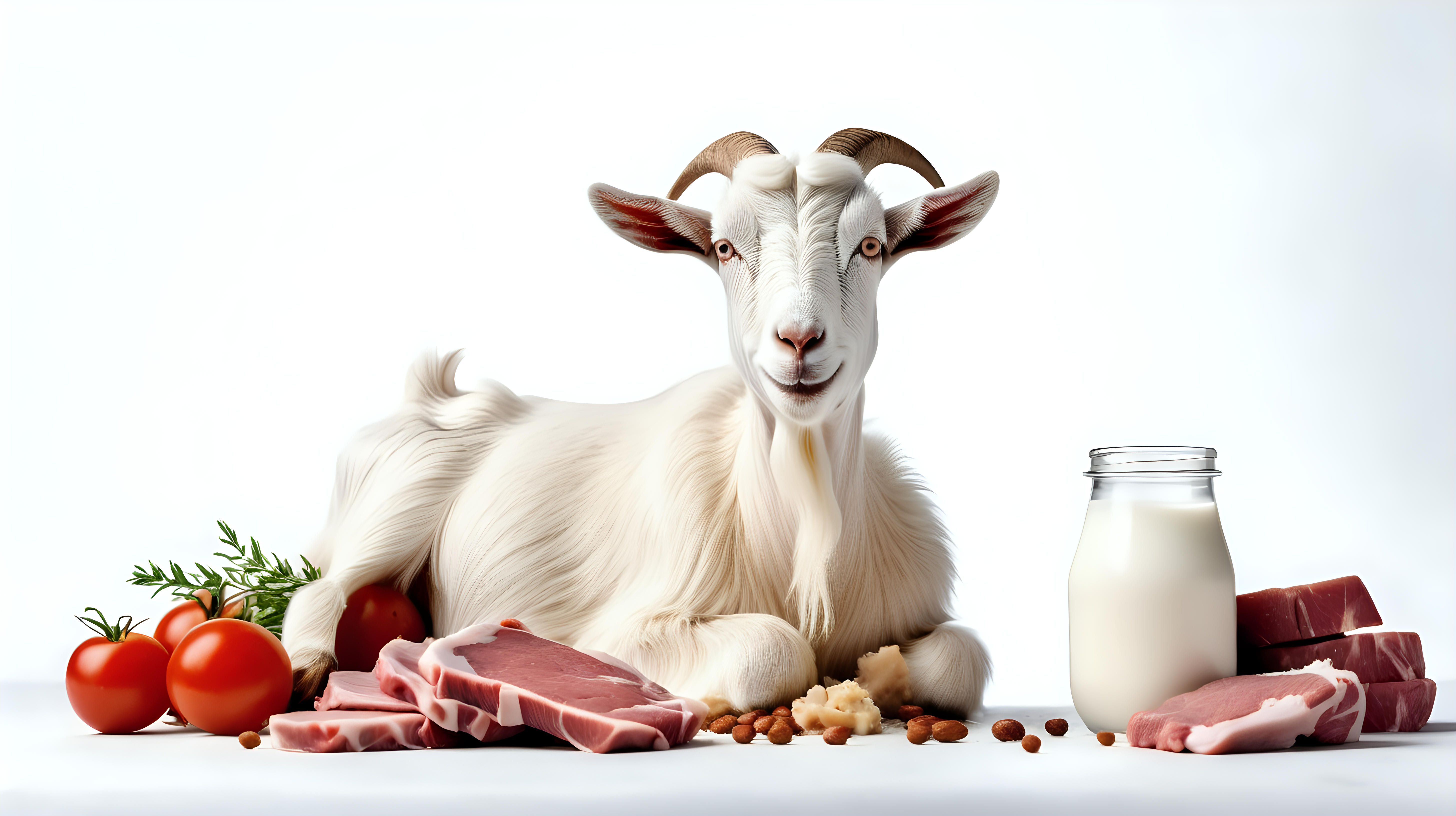 Healty goat with goat milk and meat on white background