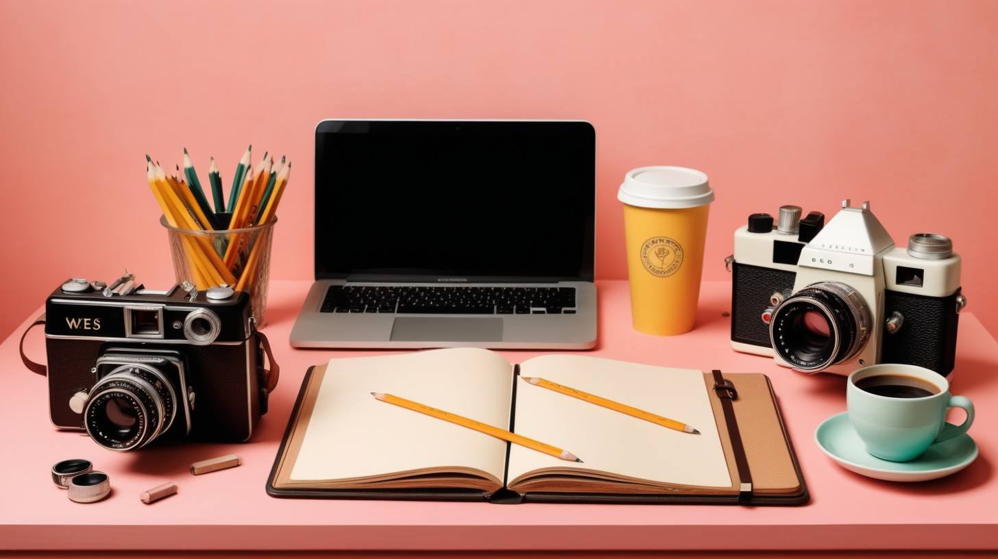 Desktop with coffee cup, pencils,  film cameras and sketchbook in the style of a wes anderson film