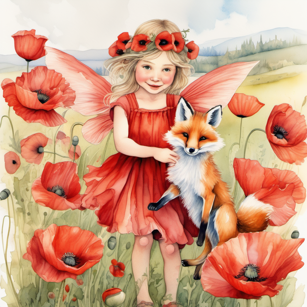 a watercolor poppy flower fairy in the style