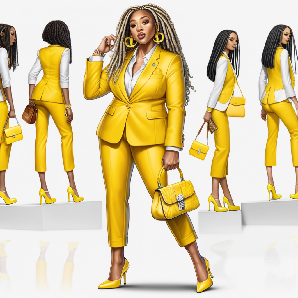 An african american woman in a yellow and white suit with yellow high heels; a purse in the other, with a white background in a realistic cartoon image, with pinned up locs
