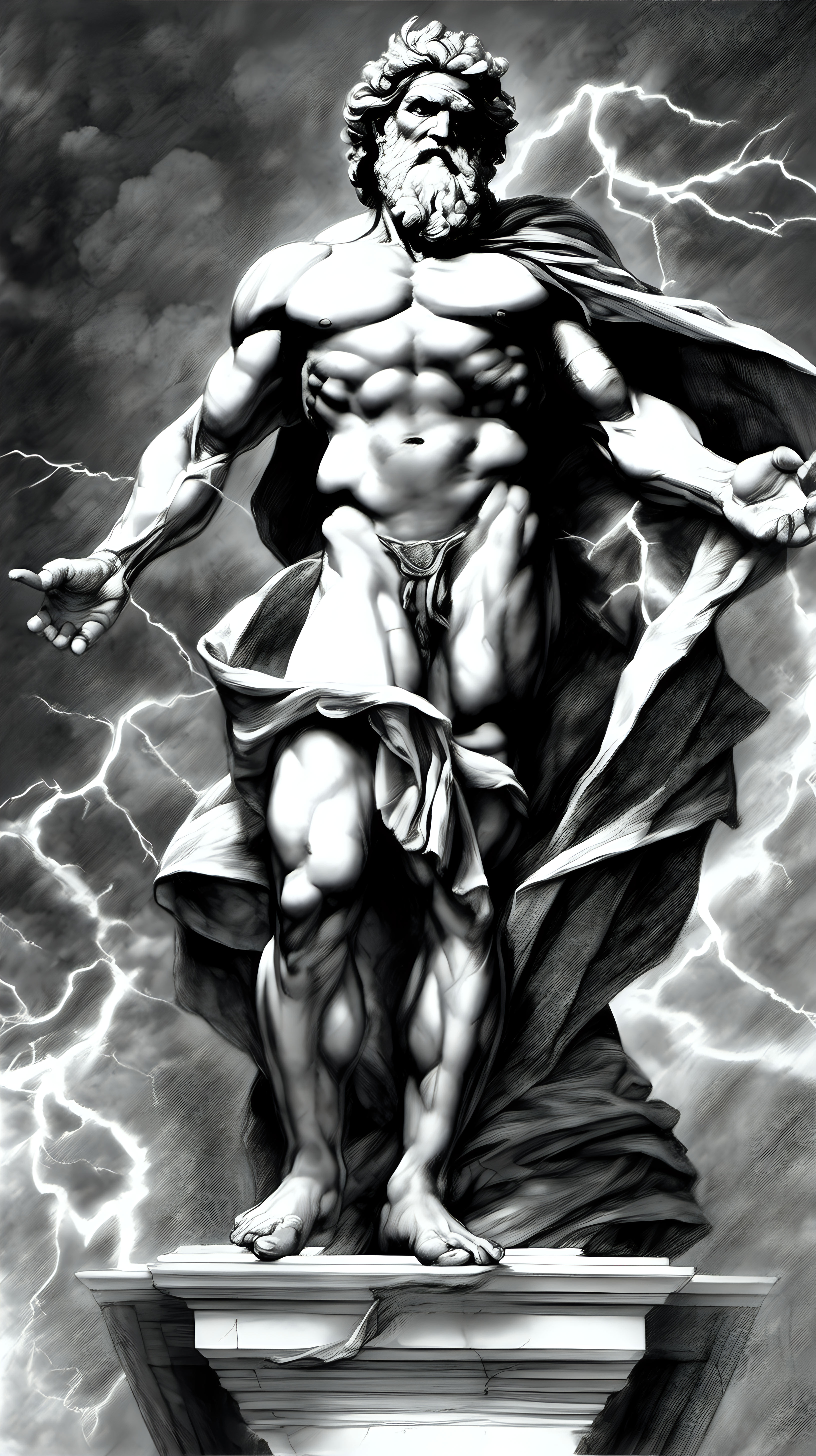 /imagine prompt : a hyper realistic black and gray Michelangelo drawing, feauteted  great zeus ,He rules over other gods, gods & goddesses greek mytology
/describe :  full body, standing ,whole subjects in the box.
-no cut
<background>thunder and lightning
<style>pencil drawing
_ar 9:16