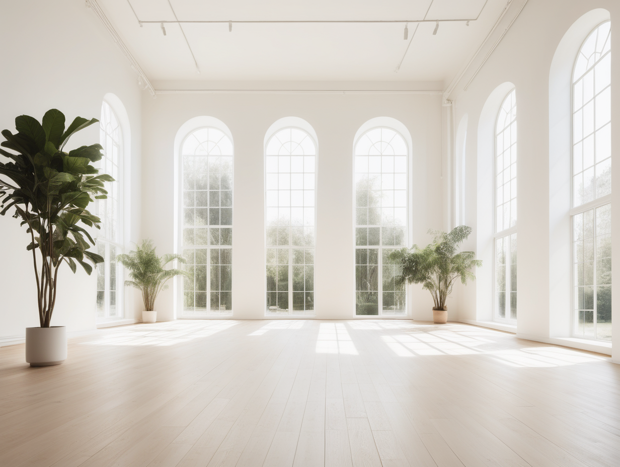 ruhiges, minimlaistisches Bild von hellem, lichtdurchflutetem großem Raum, mit hoher decke, Pflanzen und Holzboden in weiß und creme