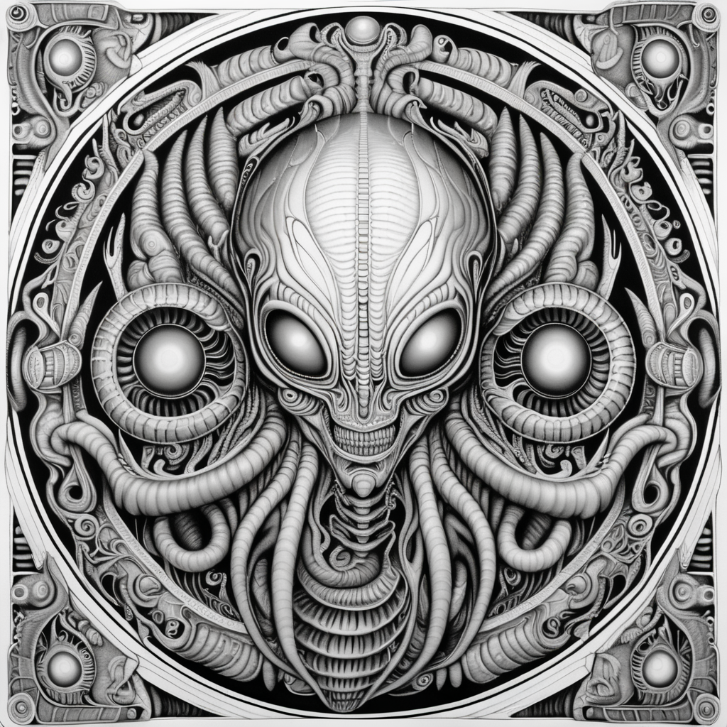 black & white, coloring page, high details, symmetrical mandala, strong lines, alien fruit with many eyes in style of H.R Giger