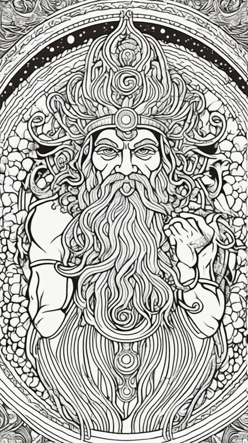 mythological sea god, mandala background, coloring book page, clean line art, no color