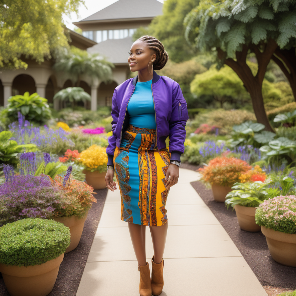 Attractive African woman, wearing braided hair, wearing an African print Skirt, wearing a cerulean blue Wool, waist length, bomber, with African print material in various areas of the garment, wearing a purple, knit dress shirt, wearing cream colored denim with African print material  inside the pockets,  Vibrant images that represent African heritage, In a lush colorful botanical garden, looking to the left, 4k, high definition, high resolution, sunny day light source from above center